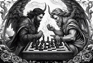 Depict an angel and demon playing chess on a board that morphs from celestial clouds to fiery inferno, representing the merging of the spiritual realms in the eternal game tattoo idea