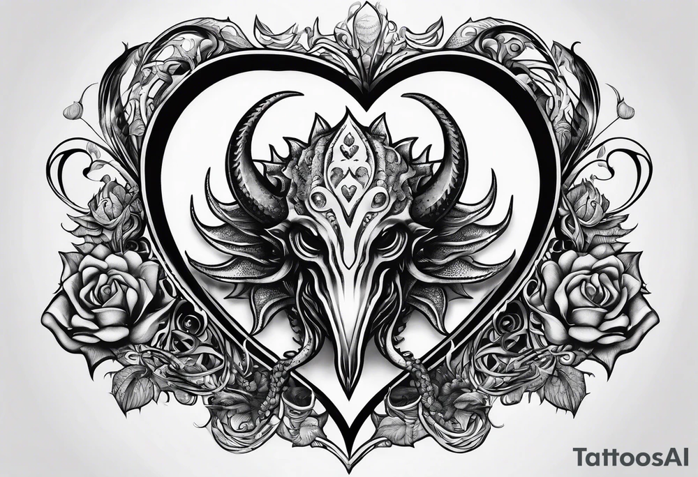 Long tattoo. Lovecraftian creature protecting a heart. tattoo idea