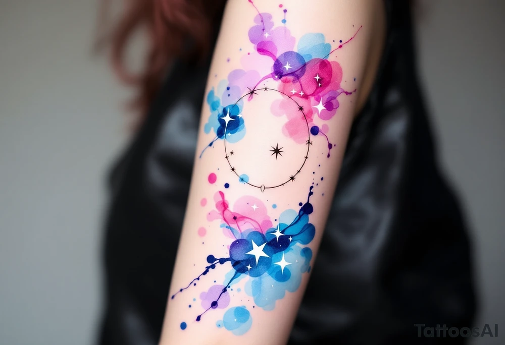 Flowing watercolor splashes in pink, blue, and lavender wrap around a white-ink Libra star constellation. tattoo idea