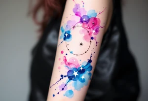 Flowing watercolor splashes in pink, blue, and lavender wrap around a white-ink Libra star constellation. tattoo idea