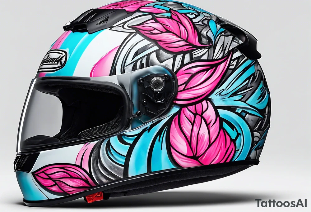 formula 1 helment with a palm three and black light blue and pink colors tattoo idea