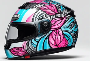 formula 1 helment with a palm three and black light blue and pink colors tattoo idea
