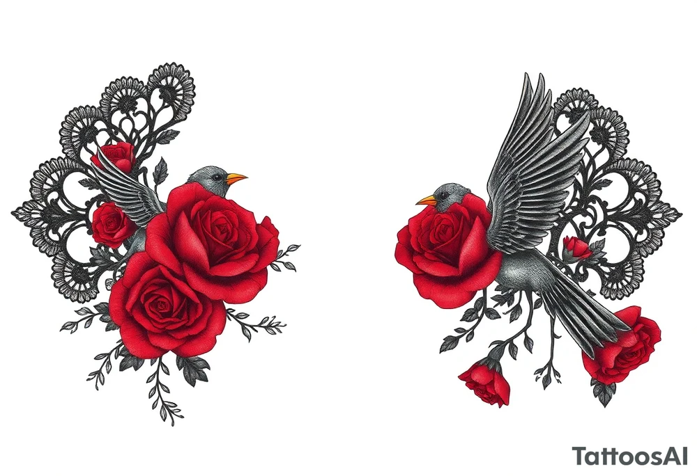 Vintage black lace, red roses, red birds, vintage, wrap around, tighter together, no space open tattoo idea