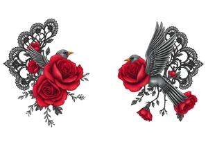 Vintage black lace, red roses, red birds, vintage, wrap around, tighter together, no space open tattoo idea