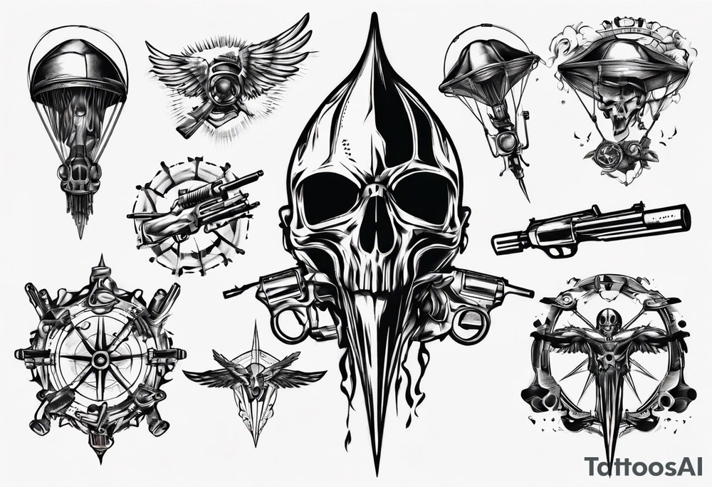 man parachute and shooting guns tattoo idea