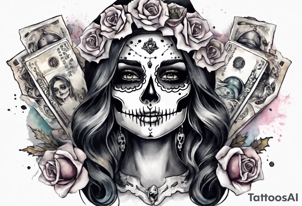 santa la muerta with money and crown
on the card tattoo idea
