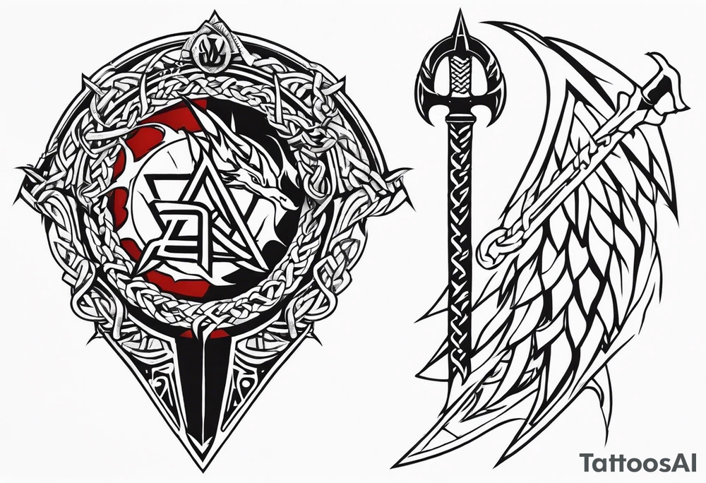 Valhalla sword shield dragon axe Valknut barbed wire chains tribal tattoo idea Valhalla sword shield dragon axe Valknut barbed wire chains tribal tattoo idea