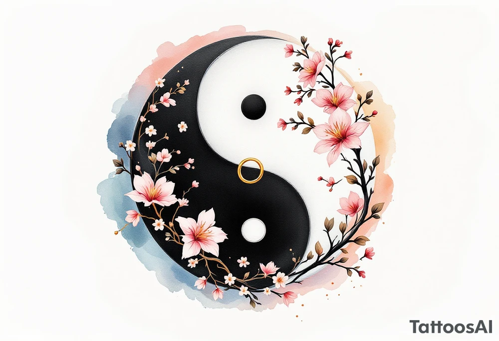 **A beautifully detailed yin-yang symbol**, seamlessly blending **black and white ink**, representing balance and harmony in marriage. The **black half** is adorned with **delicate golden floral engravings**, symbolizing strength and devotion, while the **white half** features **soft pink cherry blossoms**, representing purity and new beginnings. At the center of each half, a **tiny wedding ring** replaces the traditional dots, reinforcing the unity of two souls. The outer edges are surrounded by a **subtle watercolor aura in soft blue and warm peach tones**, symbolizing the blending of two individual energies into one eternal bond. tattoo idea