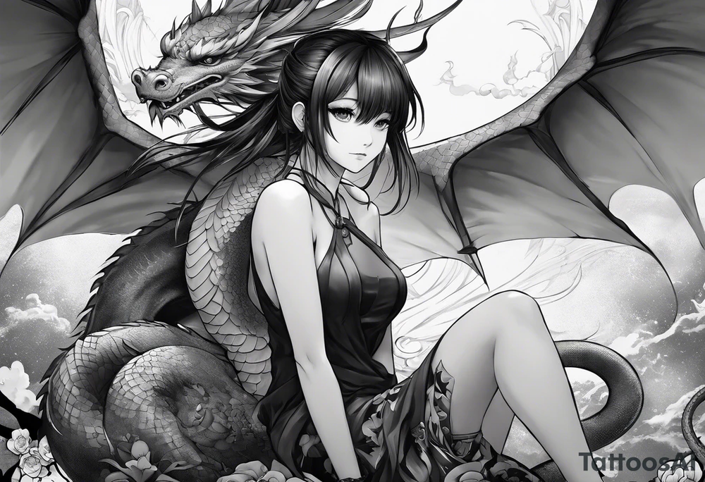 a full shot of an anime girl seen from far, sitting on a ball and surrounded by asian dragon with wings tattoo idea