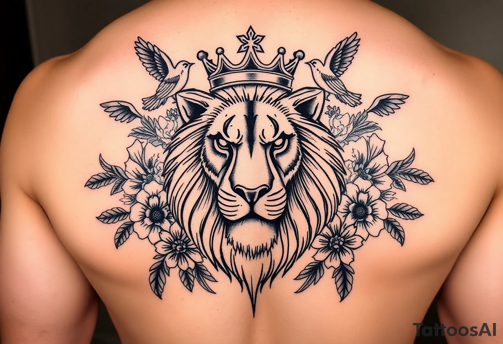 powerful majestic lion with a crown, surrounded by floral ornaments and birds tattoo idea