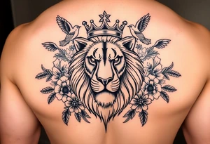 powerful majestic lion with a crown, surrounded by floral ornaments and birds tattoo idea