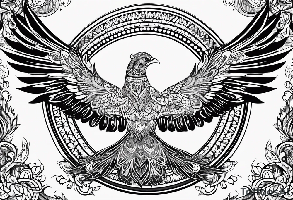 Tribal bohemian feminine impowering Phoenix rising with smoke, mandala sun, floral, lace background tattoo idea