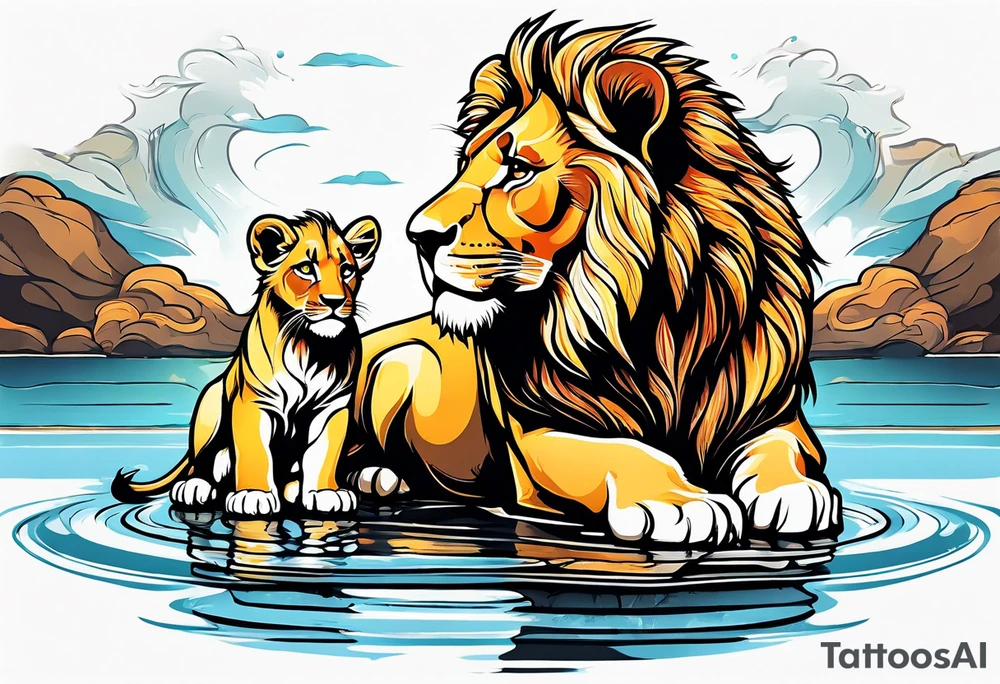 a baby lion looking at his reflection in the water and sees a full grown huge muscular lion tattoo idea