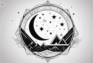 geometric simple moon with triangles and stars tattoo idea