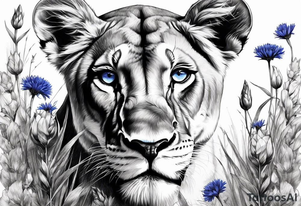 Lioness. 3 cubs. Blue eyes. Surrounded with cornflowers. tattoo idea