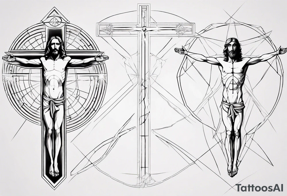 Geometric Vitruvian man with light lines in the background and Jesus on the cross in front tattoo idea