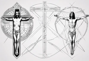 Geometric Vitruvian man with light lines in the background and Jesus on the cross in front tattoo idea
