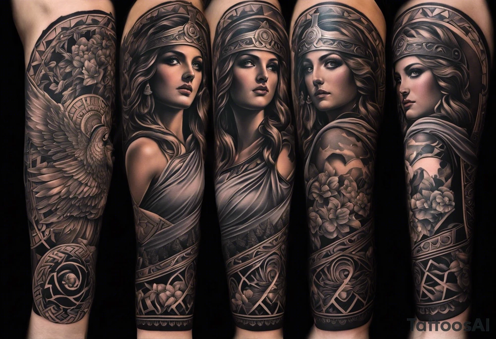 A full tattoo sleeve inspired by Greek mythology, featuring the Greek goddess Athena as the centerpiece. Athena is depicted with a commanding and noble presence, embodying wisdom, strength, and strategy. The design should be less dark and heavily shaded, instead focusing on clean lines and balanced contrasts to highlight the intricate details. Surrounding Athena, incorporate a mandala effect with geometric patterns that complement her symbolism of wisdom and warfare. The sleeve also includes elements such as an owl (Athena’s sacred animal), olive branches, and a warrior’s helmet, seamlessly integrated into the design to enhance the theme. The overall aesthetic is bold and strong, yet refined, with a focus on clear, powerful imagery that conveys a sense of wisdom, protection, and courage. tattoo idea