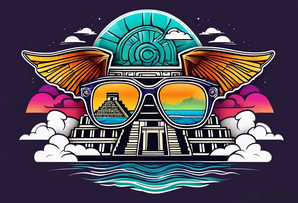 Colorful ancient Mayan hieroglyph with sunglasses reflecting Chichen itza. Bats and waves tattoo idea
