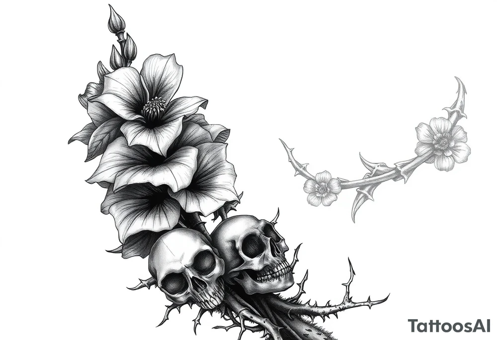 Aconitum flower going up the arm with details gothic style with skulls thorns tribal large tattoo idea