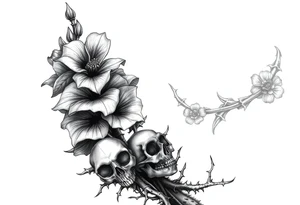 Aconitum flower going up the arm with details gothic style with skulls thorns tribal large tattoo idea