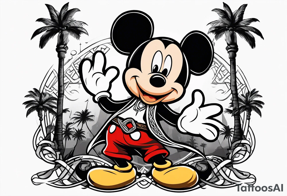 mickey mouse as black flag assassins creed character with palm trees and celtic symbol for family tattoo idea