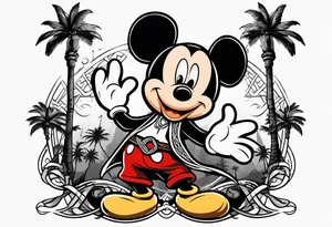 mickey mouse as black flag assassins creed character with palm trees and celtic symbol for family tattoo idea