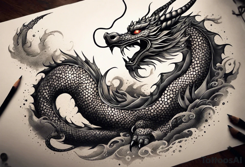 An epic floating asian dragon. Its long body coiling dynamically, with scales and horns detailed to create a sense of movement and strength. The dragon's color is giving a vibrant depth and a mystical aura. This tattoo highlights the dragon’s fierce expression and sharp claws. tattoo idea