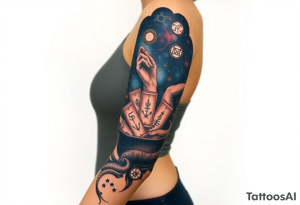 Milky way filled with zodiac symbols runes tarot cards coming out of a cauldron tattoo idea