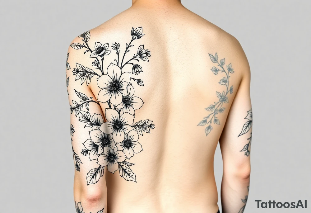 Full sleeve tattoo design of larkspur and hawthorn flowers, highly detailed line art, black ink, elegant botanical style, intertwined composition, no shading, no human mock-up, clean stencil style suitable for tattooing, fit fully within boundaries. LINE ART ONLY, REMOVE HUMAN, NO SKIN tattoo idea