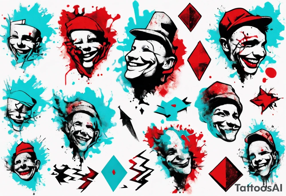 BANKSY ART STYLE,  cyan and red, acquarel, abstract, damage done, realistic smile, romancistic, geometric, single flash image tattoo idea