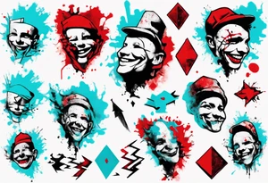 BANKSY ART STYLE,  cyan and red, acquarel, abstract, damage done, realistic smile, romancistic, geometric, single flash image tattoo idea