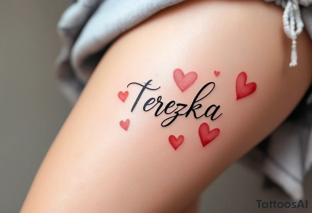The name Terezka written in elegant script, surrounded by soft pink watercolor hearts. tattoo idea