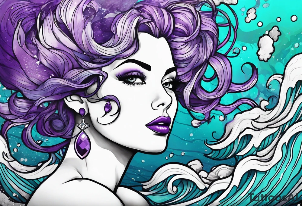 Pinup woman with purple and teal cooled hair underwater tattoo idea