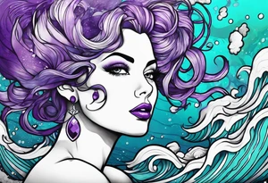 Pinup woman with purple and teal cooled hair underwater tattoo idea