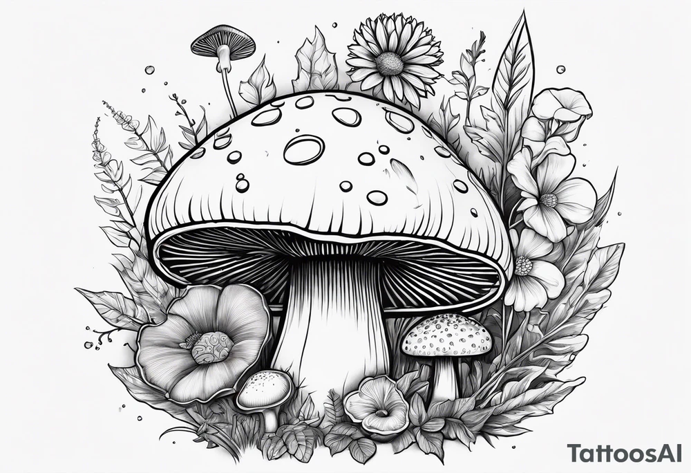 Flowers and mushroom and weeds tattoo idea