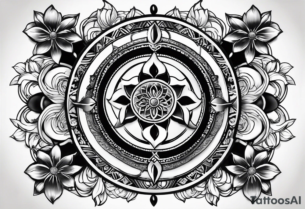 Dharma wheel with dumbbell and a lotus flower intertwined tattoo idea