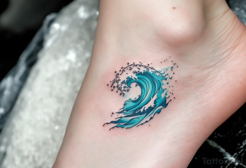 A turquoise wave crashes in delicate linework on the ankle, accented with silver highlights. tattoo idea