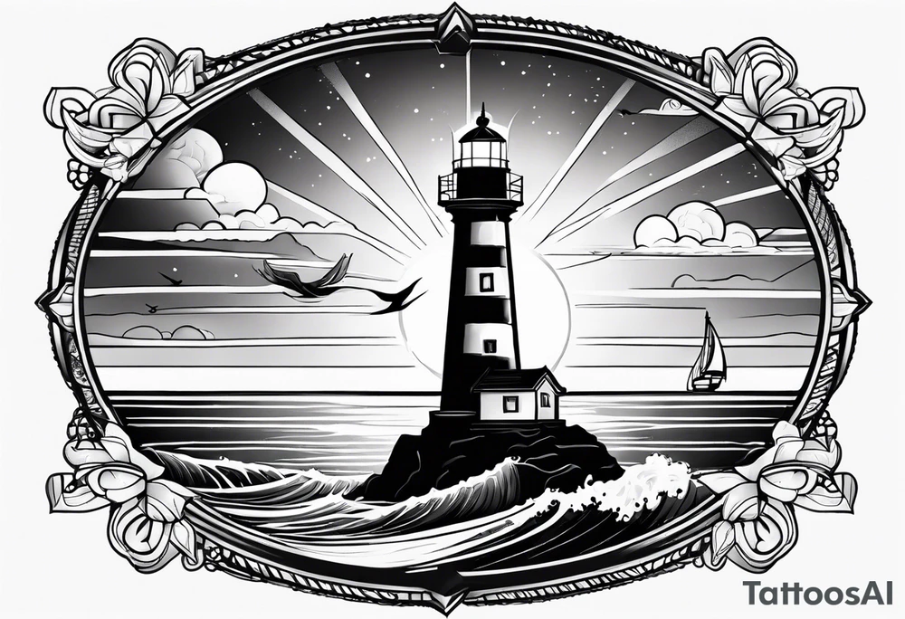 lighthouse  with a beach and sun and small boat tattoo idea