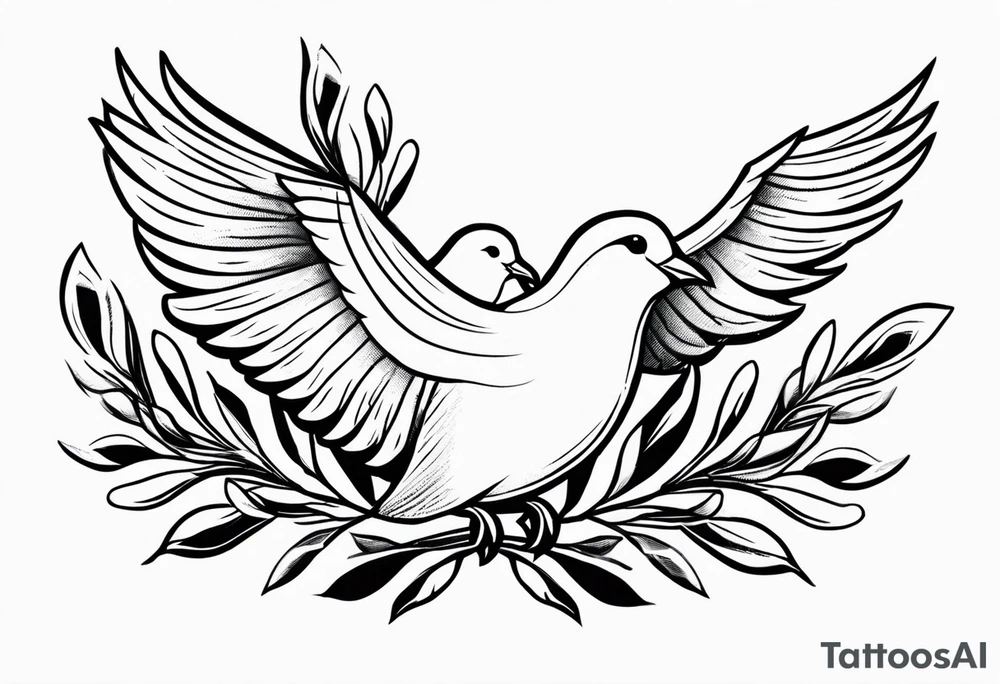Dove soring through the air clasping an olive branch in its beak. tattoo idea