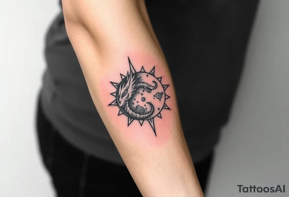 devilish sun and dragon moon in constellation with the earth tattoo idea