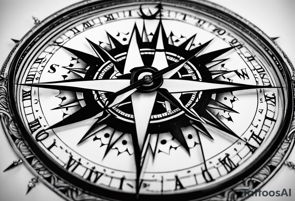 combination of a  nautical compass and a old school clock face deconstructed tattoo idea