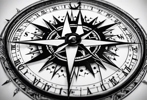 combination of a  nautical compass and a old school clock face deconstructed tattoo idea