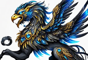 black cyber matallic griffin with golden and silver accents and blue neon tattoo idea