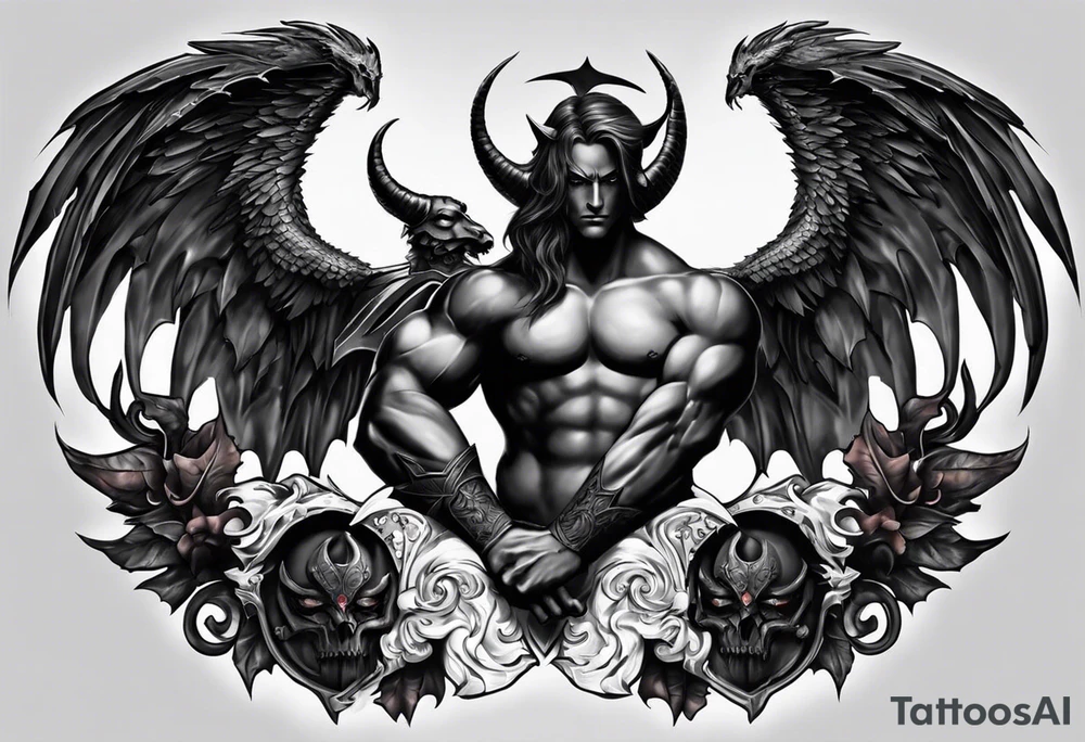 Good vs evil chest piece. On the left side it would be two devils, and on the right there would be two angels. Both sides are in battle, one of the angels has a gun aimed at the devil, while the other angel has a face mask. tattoo idea