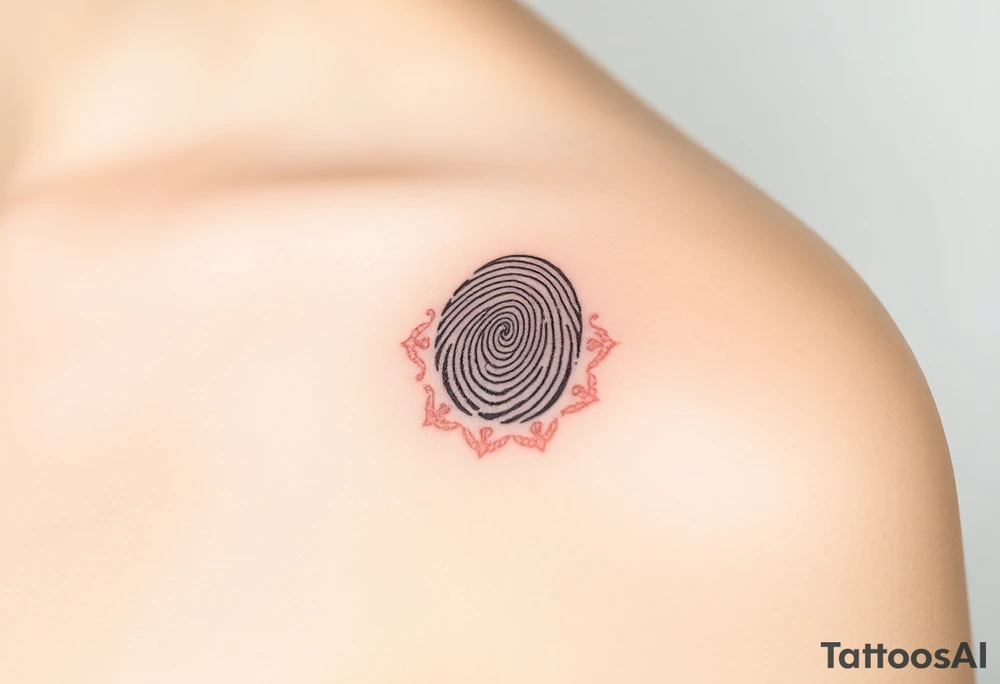 A fingerprint with tiny, delicate lace details in soft beige and blush pink surrounding it tattoo idea