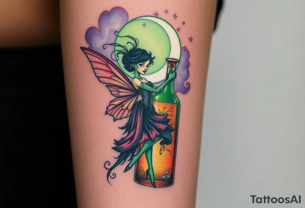 Tim Burton’s kelly doty pin up style Vintage Parisian elegant and hauntingly beautiful yet eerie full body absinthe Green Fairy dances outside her victorian crystal decatur she was once inside this elaborate ornate bottle absinthe bottle Absinthe Art Nouveau   and dripping with muted reds, dusty pinks, and eerie green glow.purple and cyan smokey clouds swirl in the crescent moonlit sky thats sprinkled with stars tattoo idea