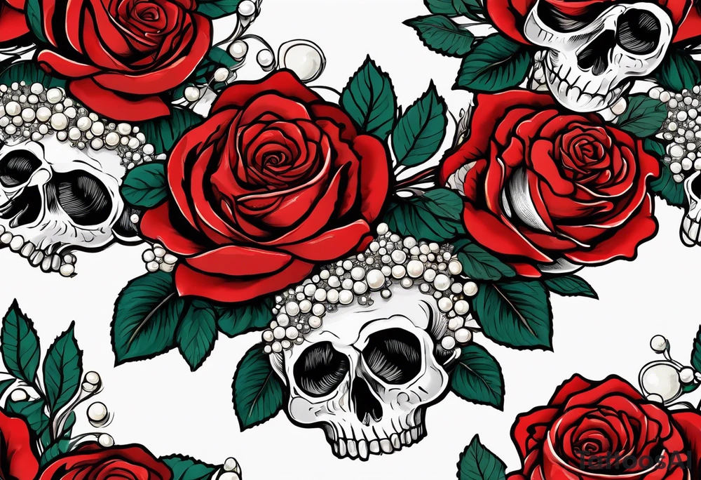 Red roses with pearls and scallop shells tattoo idea