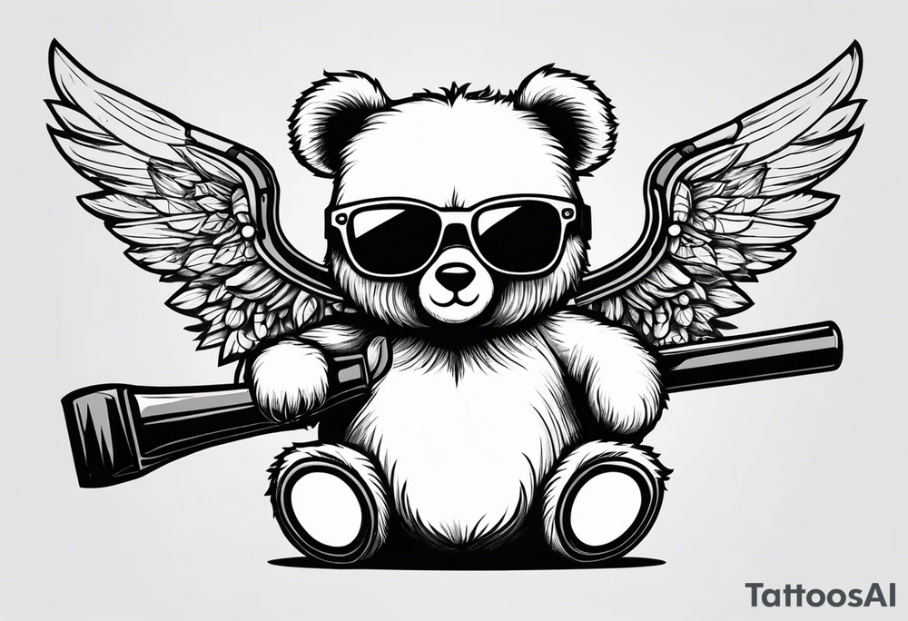 Teddy bear with wings wearing big sunglasses holding a sledgehammer tattoo idea