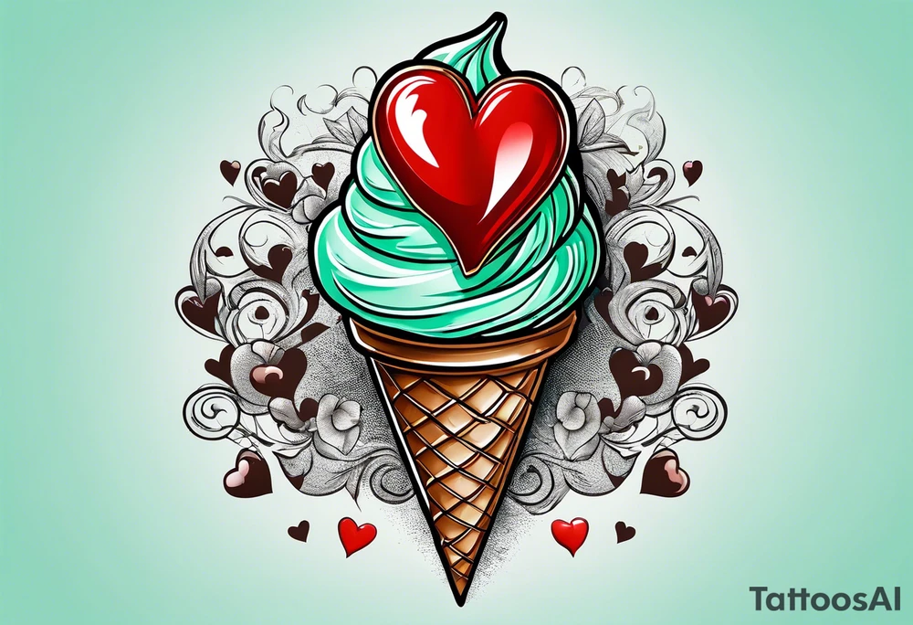 mint chocolate chip ice cream cone with small red heart on it somewhere. tattoo idea